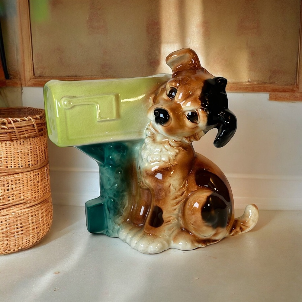 Vintage Royal Copley mailbox & puppy dog ceramic planter.